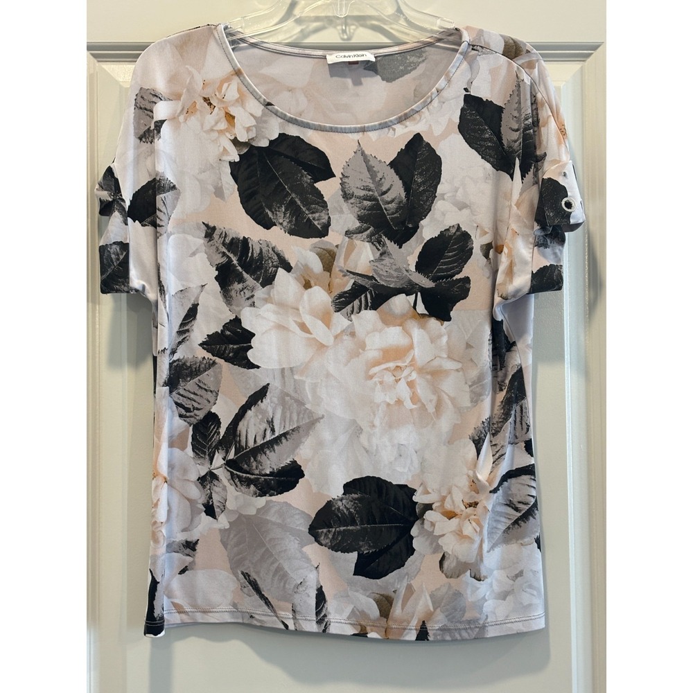 Calvin Klein Blouse Top Womens Small Multicolor Floral Round Neck‎ Dolman Sleeve